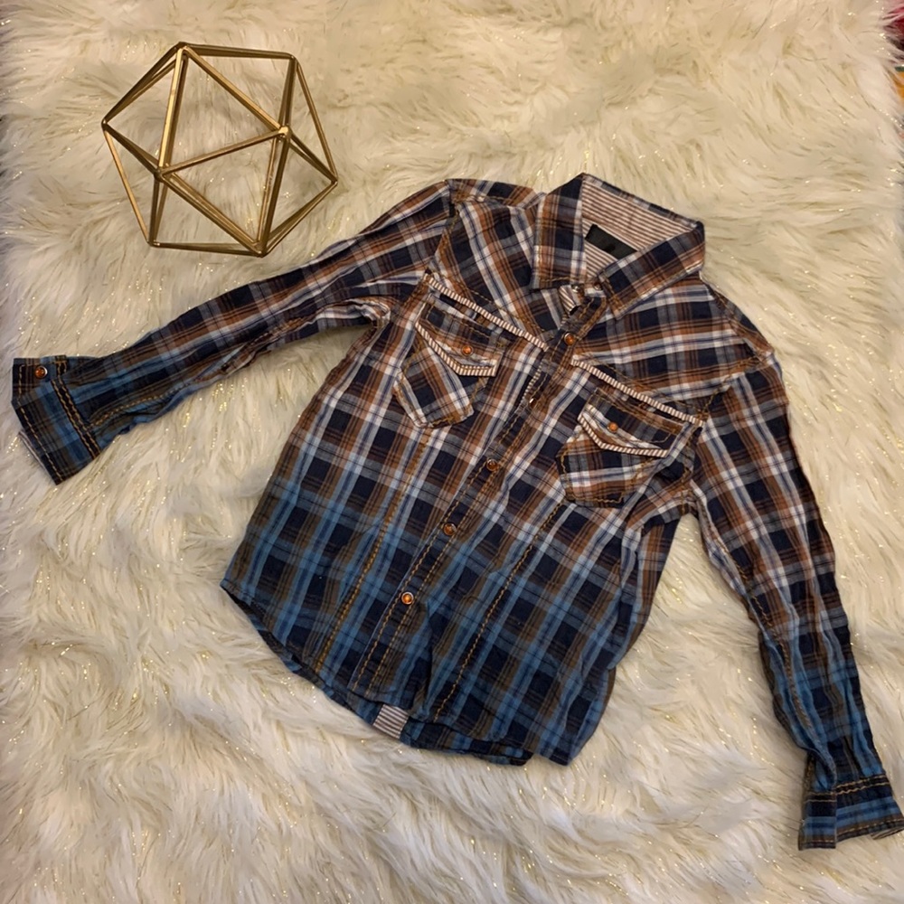 Smash Blue, Orange, and White Plaid Pearl Snap Long Sleeve Shirt Boys 6